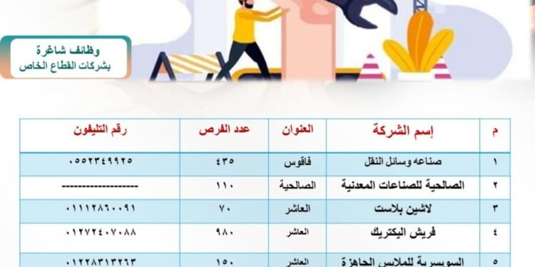 توفير ١٨٧٤ فرصة عمل داخل ٨ مصانع وشركات تابعين للقطاع الخاص بالشرقية