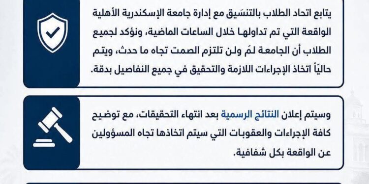 بيان اتحاد الطلبة.. واقعة السحل داخل الحرم الجامعي تدفع جامعة الإسكندرية لفتح تحقيق فوري