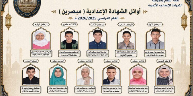 أسماء أوائل الشهادة الإعدادية الأزهرية بالغربية للعام الدراسي 2025/2026م