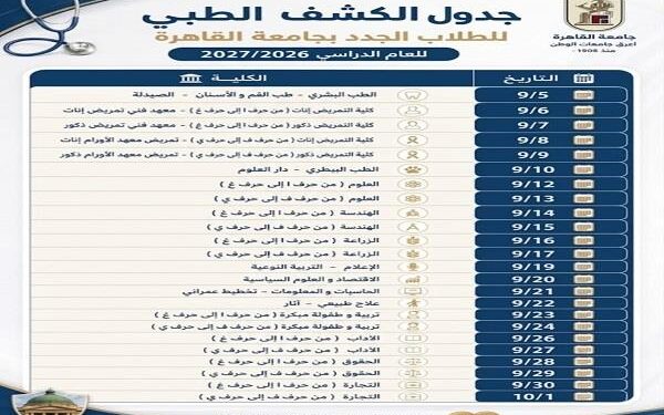 جامعة القاهرة تعلن مواعيد الكشف الطبي للطلاب الجدد بمختلف الكليات للعام 2026/ 2027